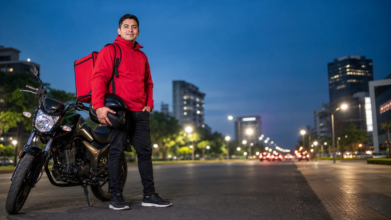 Rider adulto junto a su motocicleta listo para comenzar una entrega
